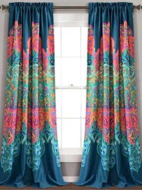 BOHEMIAN Turquoise Colorful Print Room Darkening 4 pieces Curtain Drapes. Great